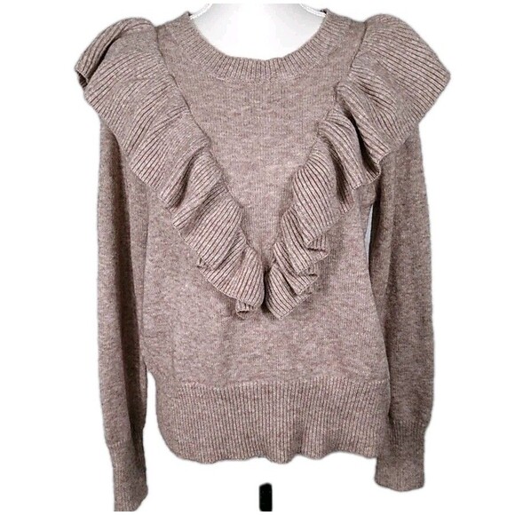 143 STORY Ruffle Sweater Retro 80s 90s Preppy Prep Clean Girl Tan Brown Sz M - Picture 1 of 8
